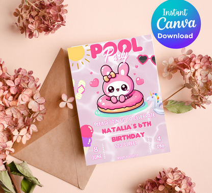 My Melody Pink Pool Birthday Invitation | Kawaii Summer Party Invite | Editable Canva Template | Cute Poolside Birthday Printable