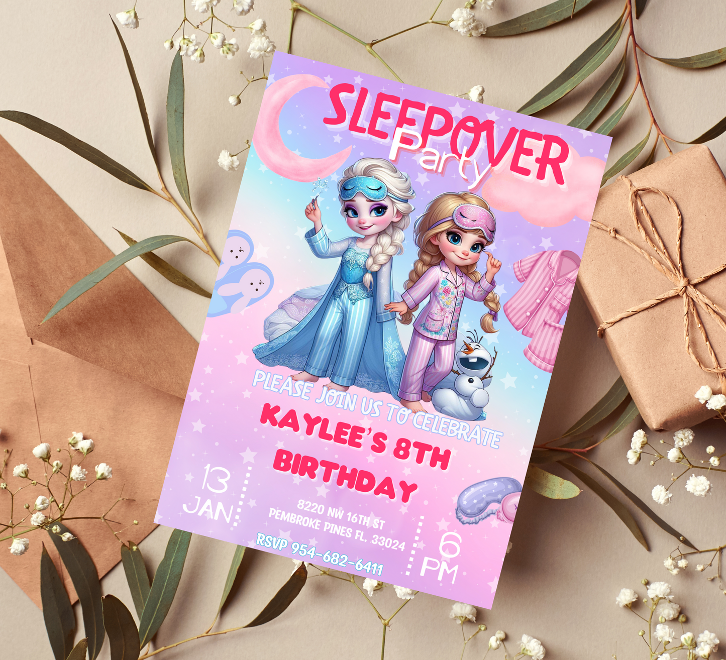 Anna & Elsa Frozen Sleepover Birthday Invitation | Editable Canva Template | Kawaii Girls Slumber Party Invite | Printable Kids Birthday Invitation