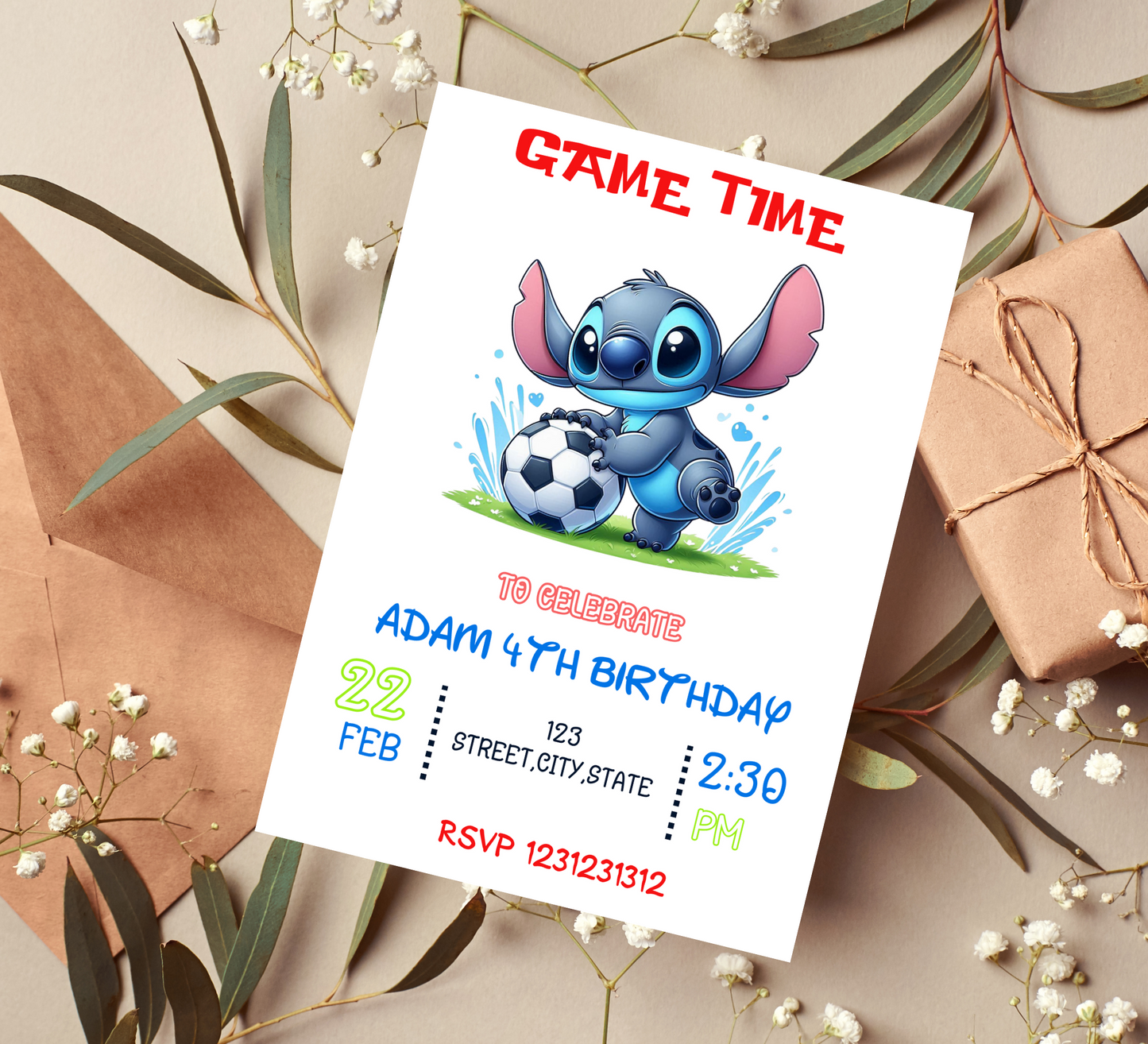 Stitch Football Birthday Invitation for Kids | Editable Canva Template | Kawaii Sports Party Invite | Printable Boys Birthday Invitation
