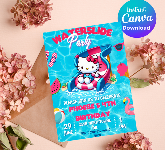 Hello Kitty Waterslide Birthday Invitation | Kawaii Pool Party Invite | Editable Canva Template | Summer Swim Birthday Printable