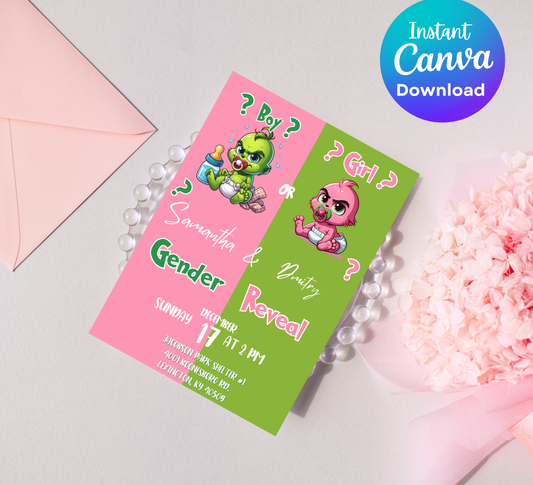 Grinch Pink & Green Christmas Gender Reveal Invitation | Cute Holiday Reveal | Editable Template