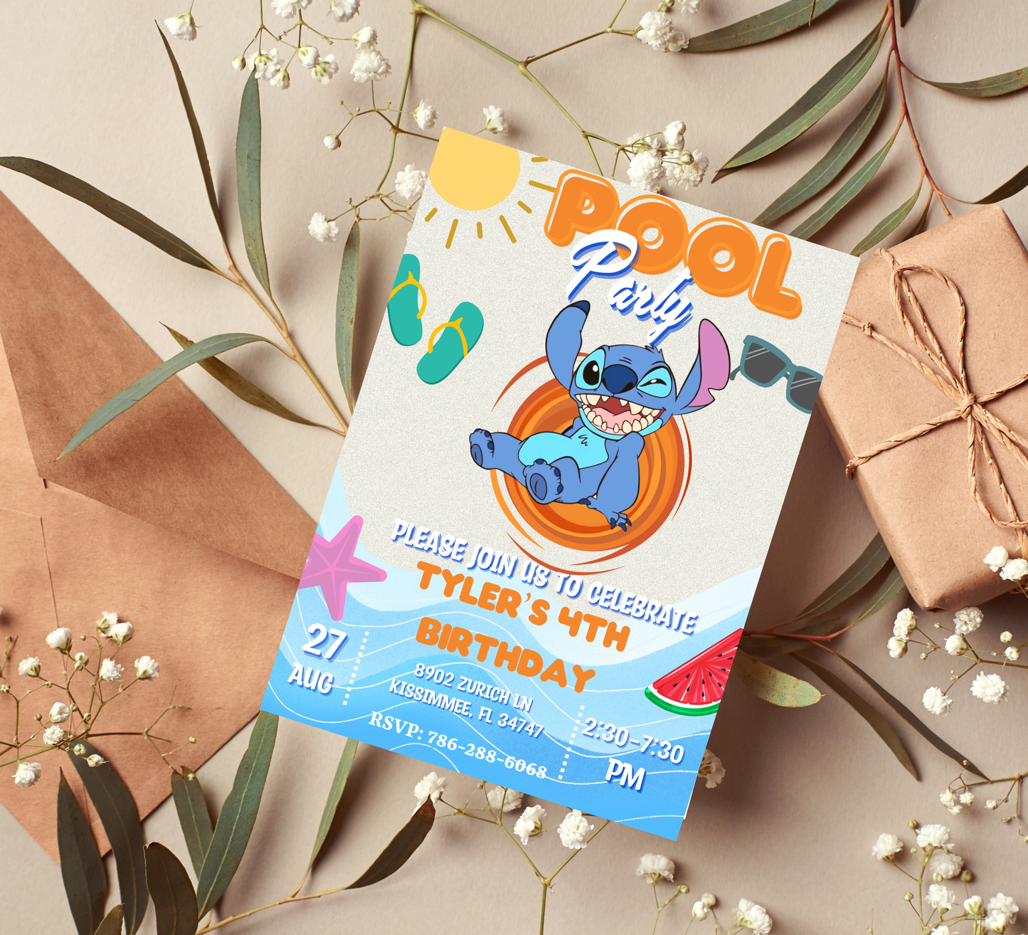 Stitch Orange Pool Birthday Invitation | Tropical Summer Swim Party | Editable Canva Template