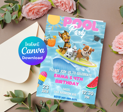 Paw Patrol Pool Birthday Invitation | Editable Canva Template | Swim Party Invite | Printable Kids Summer Birthday Invitation