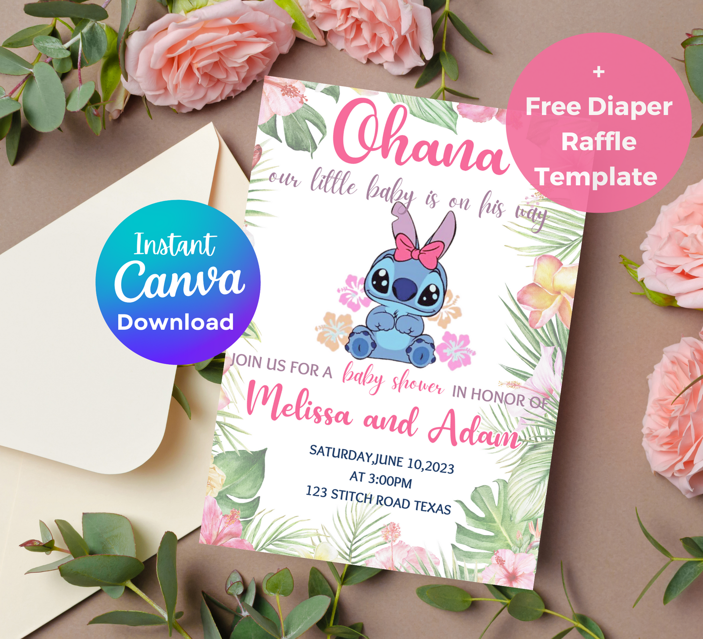 Stitch Pink Aloha Hawaii Baby Shower Invitation | Tropical Girl Baby Shower | Editable Invite