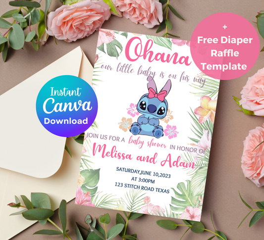 Stitch Pink Aloha Hawaii Baby Shower Invitation | Tropical Girl Baby Shower | Editable Invite