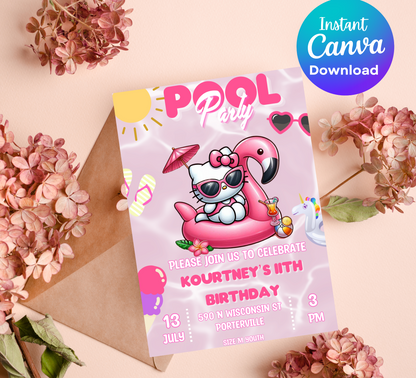 Hello Kitty Pool Flamingo Pink Birthday Invitation | Editable Canva Template | Summer Swim Party Invite | Printable Girls Birthday Invitation