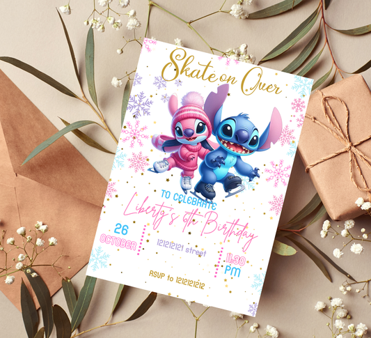 Angel & Stitch Winter Ice Skating Birthday Invitation | Cute Winter Party | Editable Template