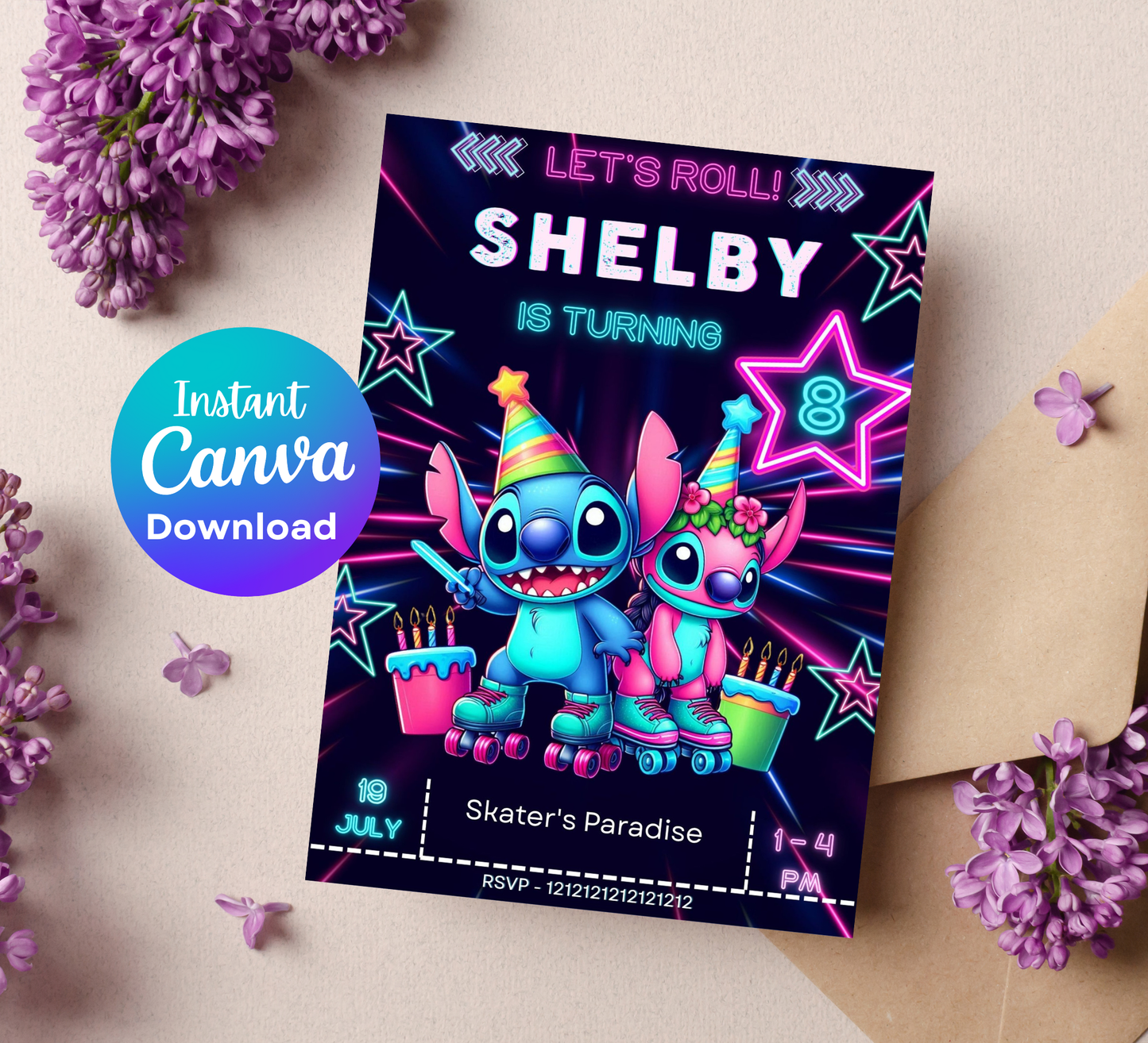 Stitch & Angel Neon Roller Skating Invitation | Glow in the Dark Skating Party | Editable Canva Template | Cyber Neon Birthday Invite