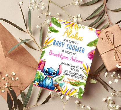 Stitch Aloha Tropical Baby Shower Invitation | Ohana Baby Shower Invite | Editable Canva Template | Tropical Gender Neutral Baby Shower