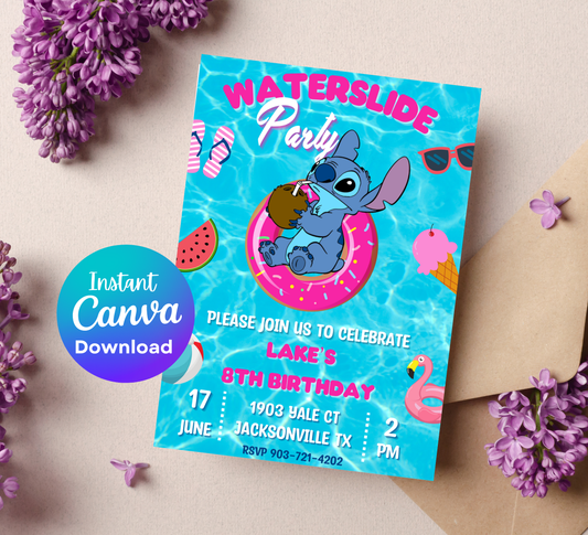 Stitch Waterslide Pool Birthday Invitation | Summer Swim Party | Editable Canva Template