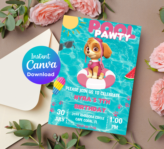 PAW Patrol Skye Pool Birthday Invitation | Pink Summer Splash Party | Editable Digital Template
