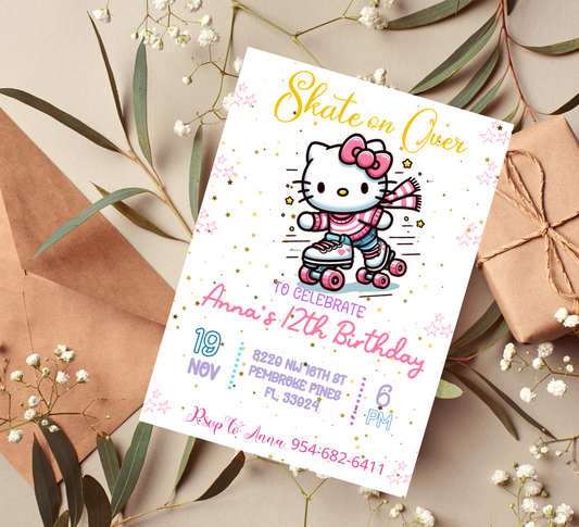 Hello Kitty Roller Skating Birthday Invitation | Editable Canva Template | Kawaii Skating Party Invite | Printable Girls Birthday Invitation