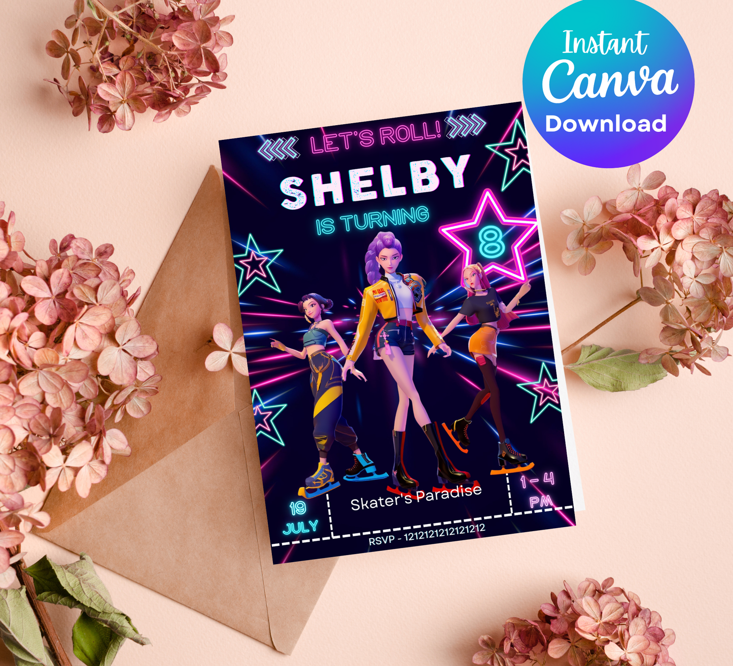 K-Pop Demon Hunters Ice Skating Invitation | Anime Aesthetic Party Invite | Editable Canva Template | Cyber Ice Skating Birthday