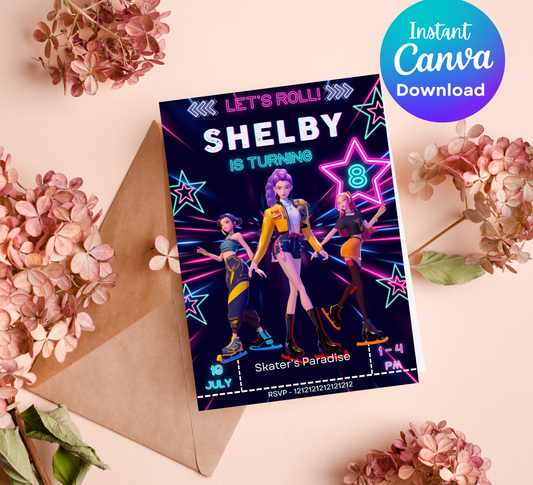 K-Pop Demon Hunters Ice Skating Invitation | Anime Aesthetic Party Invite | Editable Canva Template | Cyber Ice Skating Birthday