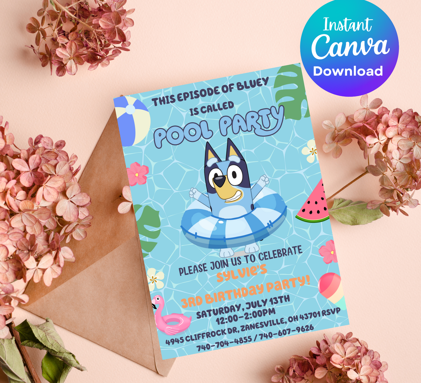Bluey Pool Birthday Invitation 💦🐶 | Summer Swim Party | Editable Canva Template