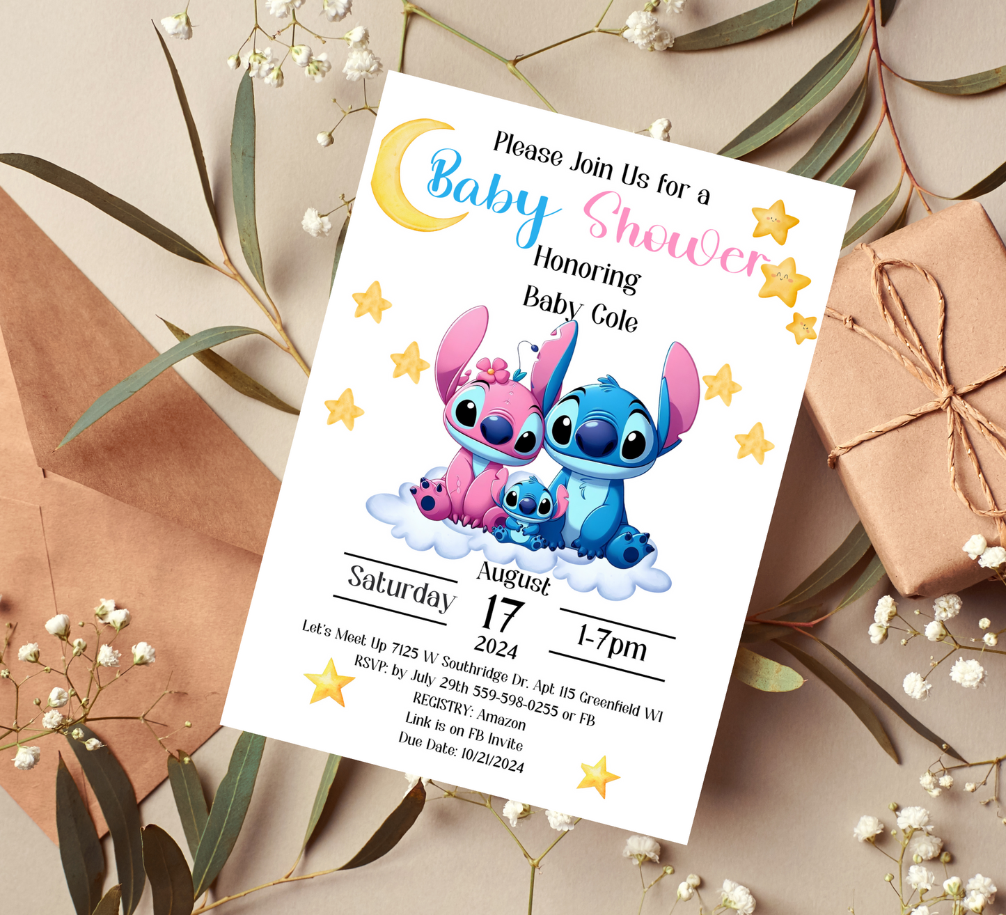 Stitch and Angel Baby Shower Invitation | Cute Blue & Pink Baby Shower Invite | Editable Canva Template | Gender Neutral Baby Shower Invitation