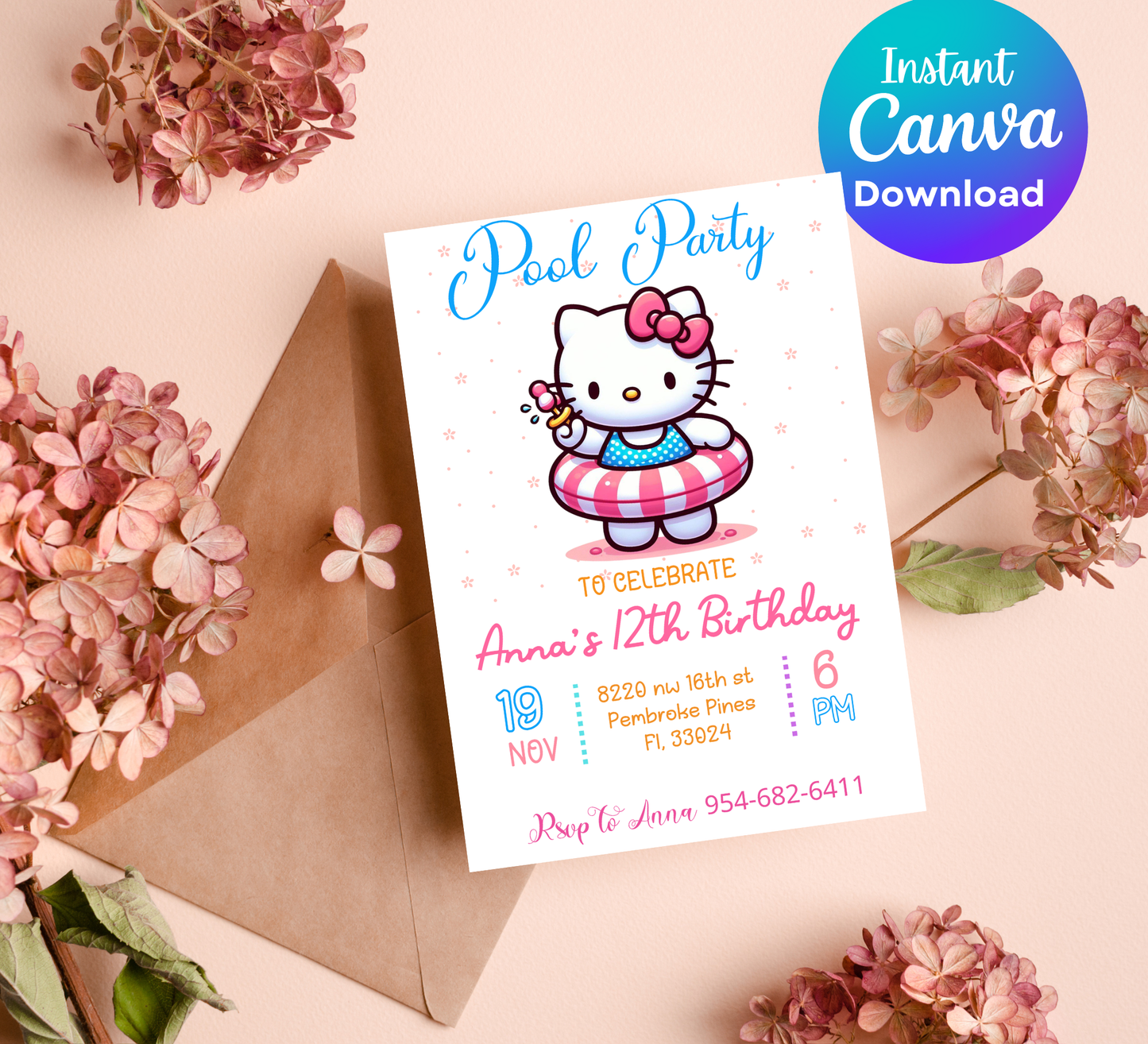 Hello Kitty Flower Pool Birthday Invitation 🌸🎀💦 | Floral Summer Swim Party | Editable Canva Template