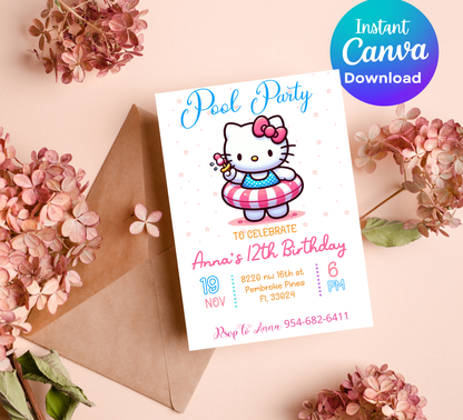 Hello Kitty Flower Pool Birthday Invitation 🌸🎀💦 | Floral Summer Swim Party | Editable Canva Template