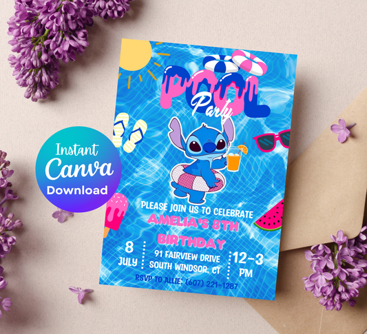 Stitch Pool Blue Birthday Invitation | Tropical Summer Pool Party | Editable Digital Invite