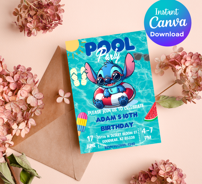 Stitch Pool Birthday Invitation | Kawaii Summer Swim Party Editable Canva Template