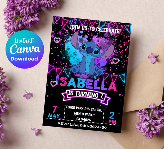 Neon Stitch Birthday Party Invitation | Glow Party Invite | Editable Canva Template | Bright Cute Printable Birthday Invitation