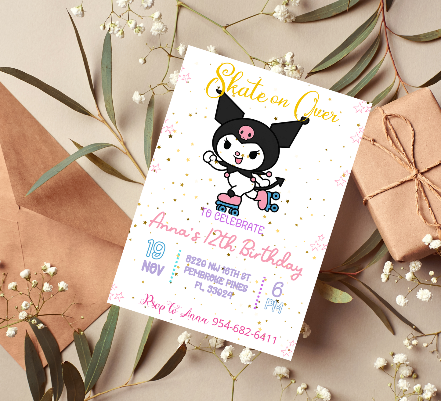 Kawaii Kuromi & Hello Kitty Roller Skating Birthday Invitation | Cute Skating Party | Editable Template