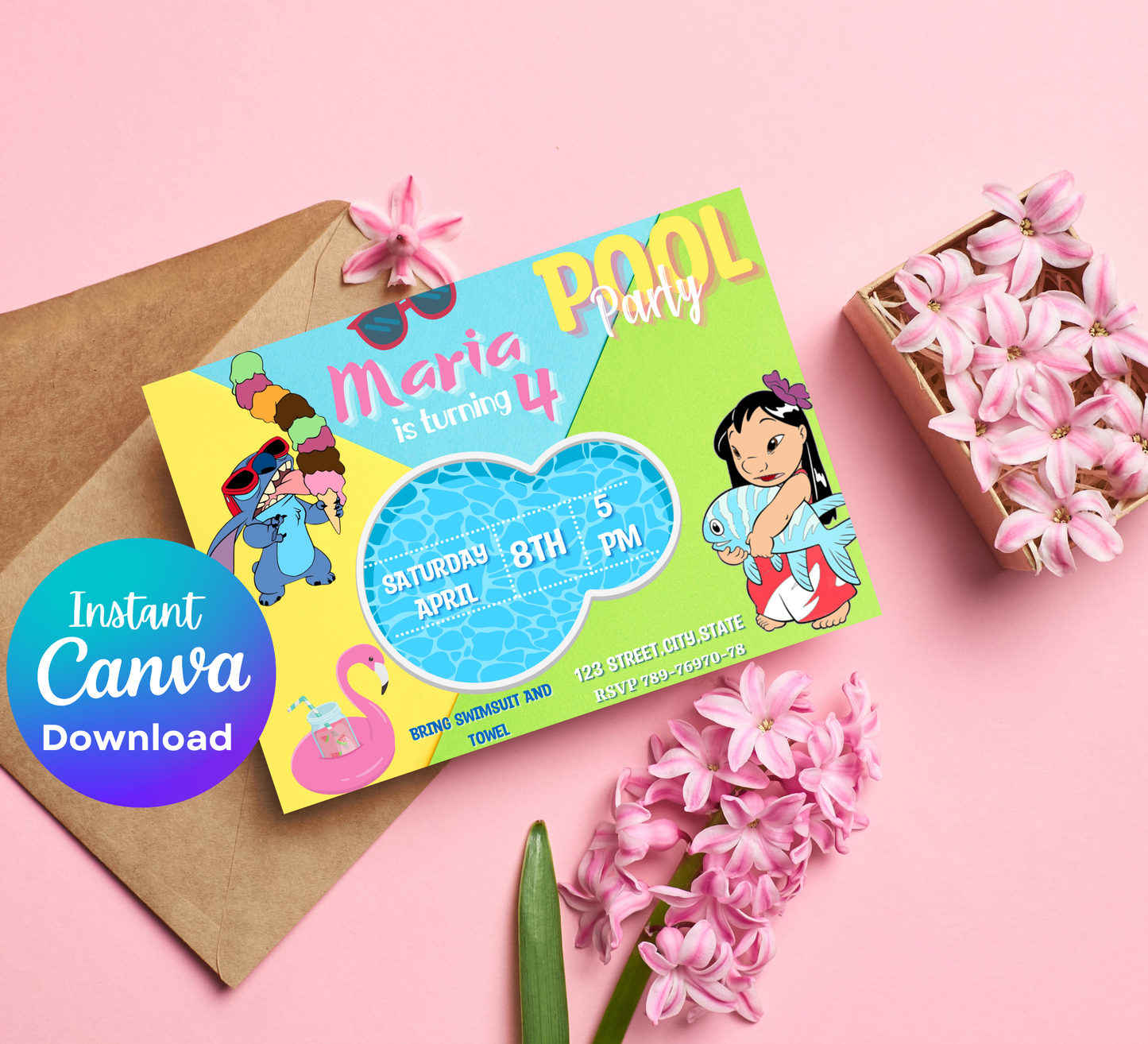 Stitch and Lilo Green Pool Birthday Invitation | Tropical Summer Swim Party | Editable Canva Template