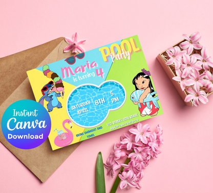 Stitch and Lilo Green Pool Birthday Invitation | Tropical Summer Swim Party | Editable Canva Template