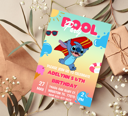 Stitch Surf Pool Birthday Invitation | Tropical Surfing Swim Party | Editable Canva Template