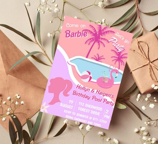 Barbie Pool Pink Birthday Invitation | Editable Canva Template | Summer Swim Party Invite | Printable Girls Birthday Invitation