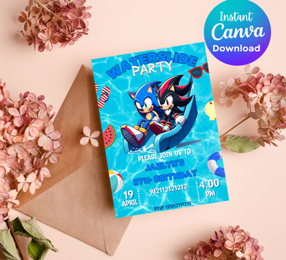 Sonic the Hedgehog & Shadow Waterslide Pool Birthday Invitation | Editable Canva Template | Kids Summer Party Invite | Printable Birthday Invitation