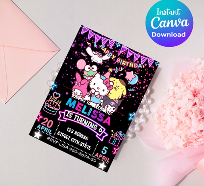 Hello Kitty & Friends Kawaii Neon Birthday Invitation | Editable Canva Template | Cute Glow Party Invite | Printable Girls Birthday Invitation