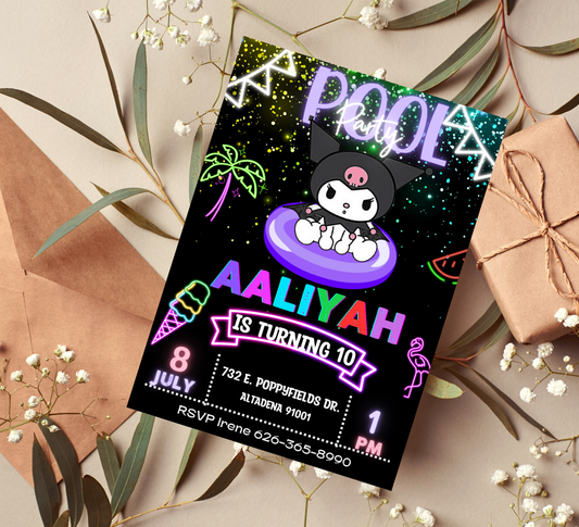 Kuromi Pool Birthday Invitation | Kawaii Summer Swim Party | Editable Canva Template | Purple & Black Sanrio Birthday Invite | Cute Edgy Girls Pool Bash