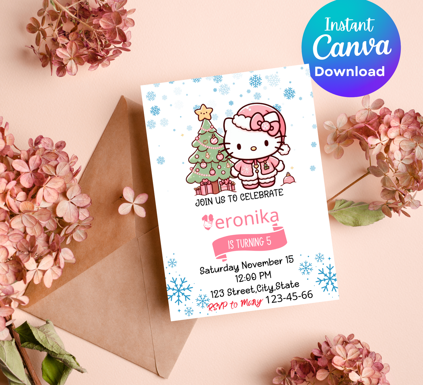 Hello Kitty Pink Winter Christmas Birthday Invitation | Cute Holiday Birthday Invite | Editable Canva Template | Printable Girl’s Winter Wonderland Party