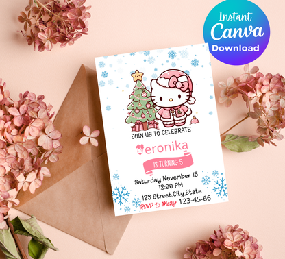 Hello Kitty Pink Winter Christmas Birthday Invitation | Cute Holiday Birthday Invite | Editable Canva Template | Printable Girl’s Winter Wonderland Party