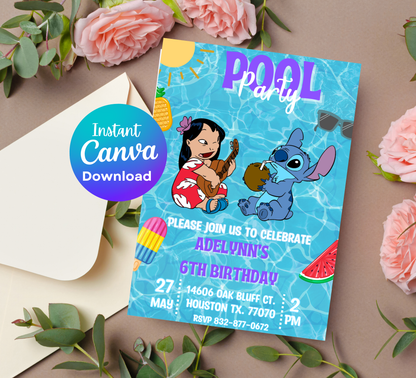 Stitch & Lilo Pool Birthday Invitation | Tropical Summer Party | Editable Digital Template