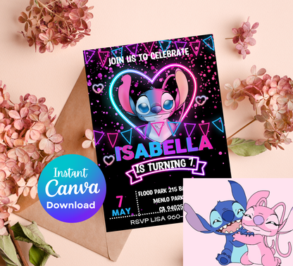 Stitch and Angel Neon Glow Birthday Invitation | Editable Canva Template | Kawaii Glow Party Invite | Cute Neon Birthday