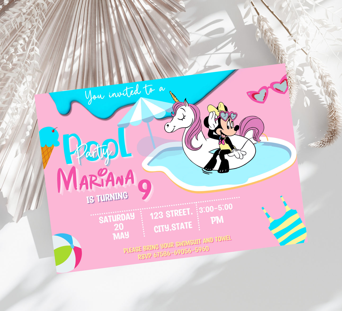 Minnie Mouse Pink Pool Birthday Invitation | Kawaii Swim Party Invite | Editable Canva Template