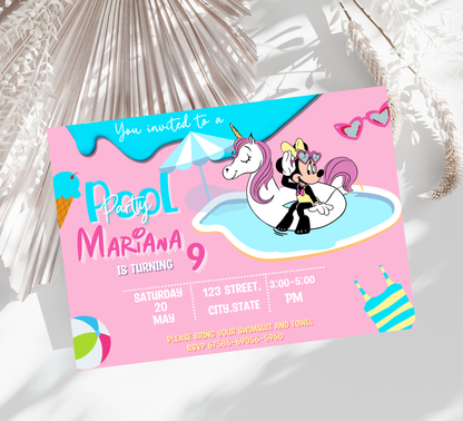 Minnie Mouse Pink Pool Birthday Invitation | Kawaii Swim Party Invite | Editable Canva Template