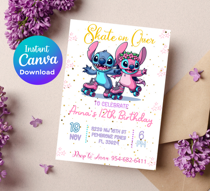 Lilo & Stitch Roller Skating Invitation | Retro Roller Disco Party Template Editable Canva Template | Stitch on Wheels Birthday Invite