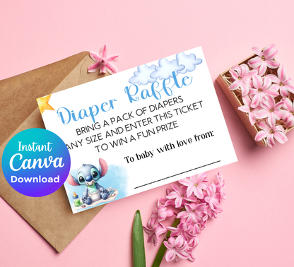 Stitch & Angel Watercolor Baby Shower Games Bundle | Diaper Raffle & Book Request Canva Template