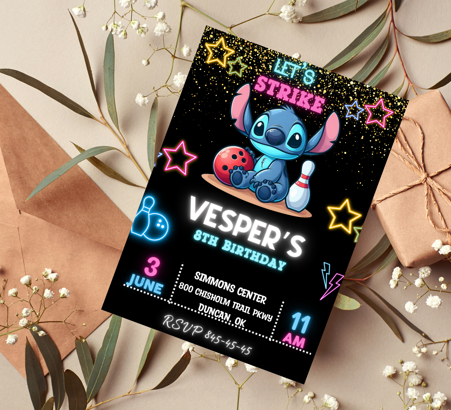 Stitch Neon Bowling Invitation – Editable Canva Template-Glow-in-the-Dark Stitch Birthday – Electric Blue & Neon Pink Strike Invite