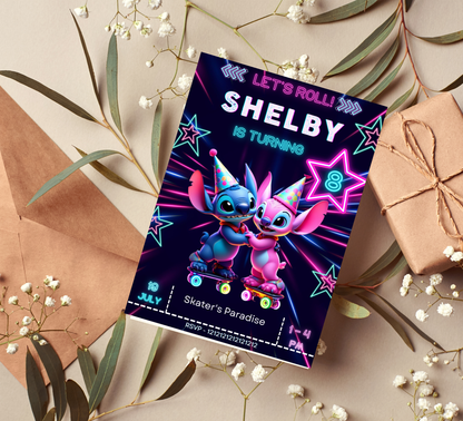 Stitch & Angel Neon Roller Skating Birthday Invitation | Editable Canva Template | Glow Party Kids Birthday Invite | Printable Superhero Party Invitation