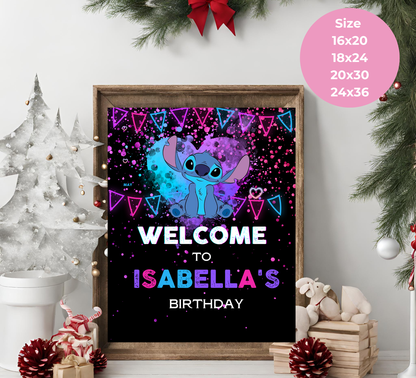 Stitch Neon Birthday Welcome Sign | Glow Party Decor | Editable Canva Template