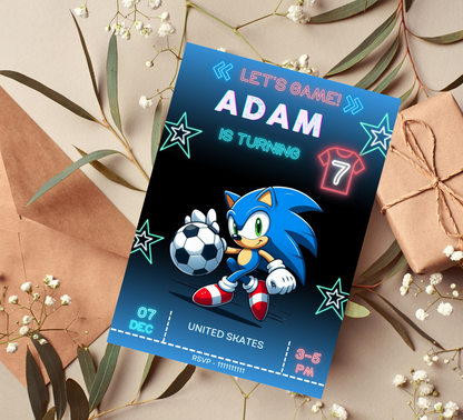 Sonic Neon Football Birthday Invitation | Glow Sports Party Invite | Editable Canva Template | Sonic the Hedgehog Football Birthday Invitation