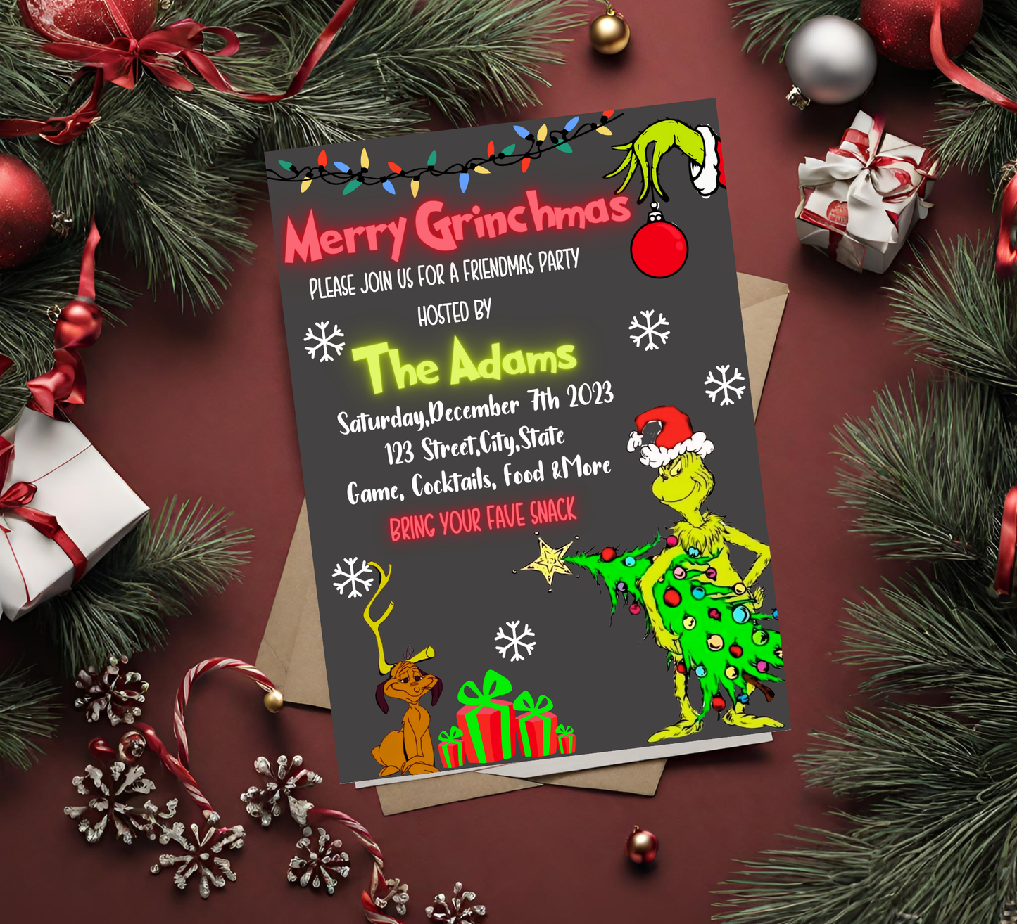 Grinch Merry Grinchmas Neon Party Invitation | Bright Christmas Invite | Editable Template