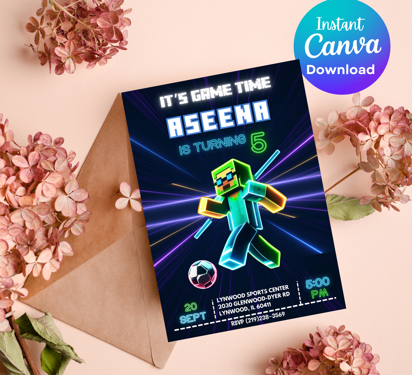 Minecraft Neon Football Invite | Boy’s Soccer Birthday Canva Template