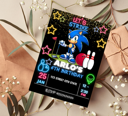 Sonic Golf Bowling Birthday Neon Kid Party Invitation | Cute Glow Party Editable Canva Template