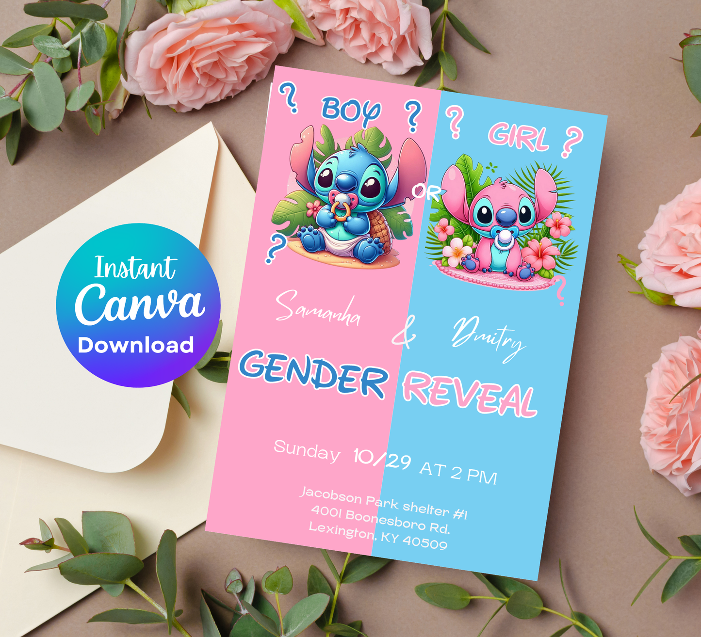 Stitch & Angel Pink and Blue Gender Reveal Welcome Sign | Baby Reveal Decor Editable Template