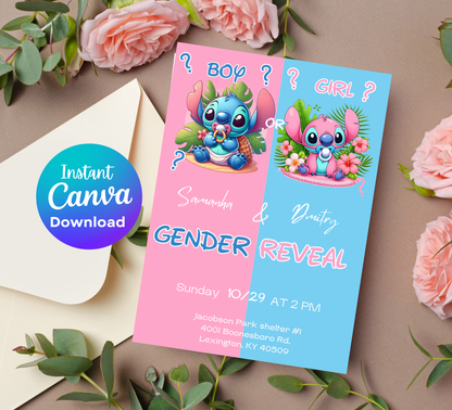 Stitch & Angel Pink and Blue Gender Reveal Welcome Sign | Baby Reveal Decor Editable Template